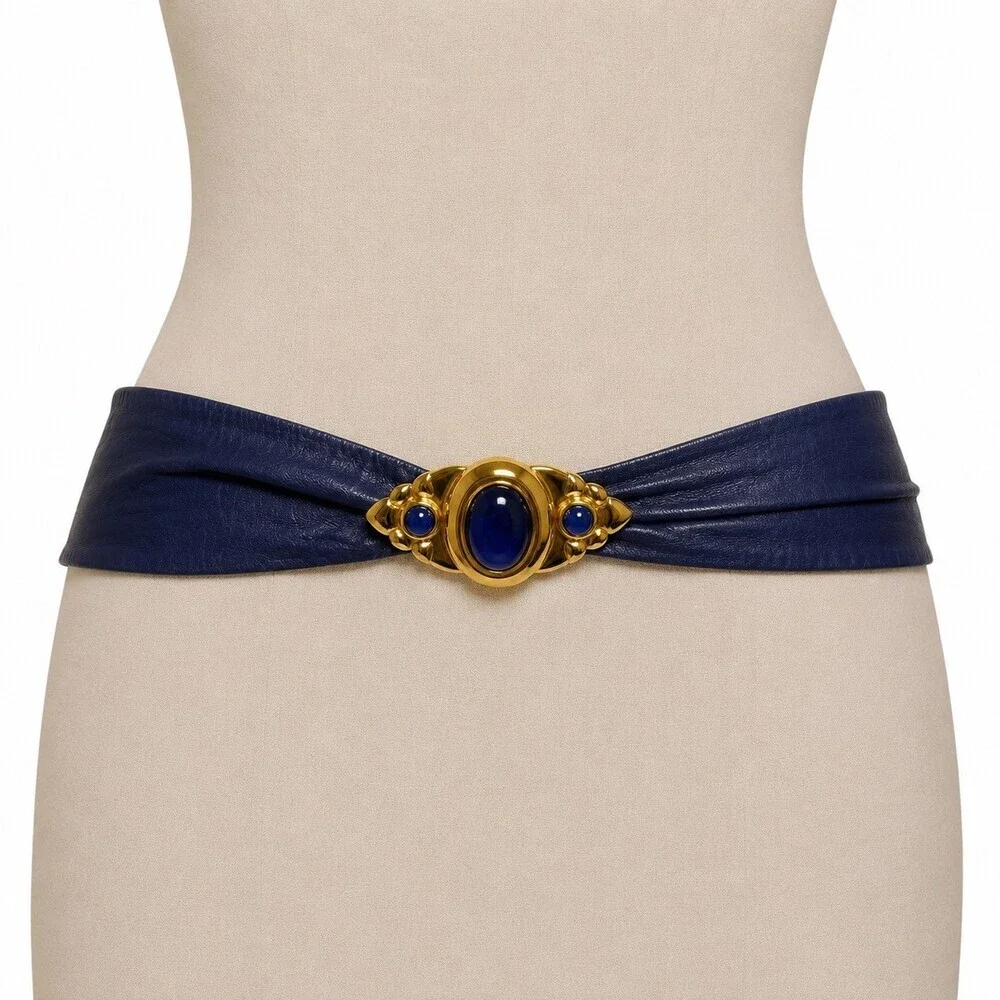 Vintage 80's Cobalt blue leather statement Belt with Gold Blue cabochon buckle